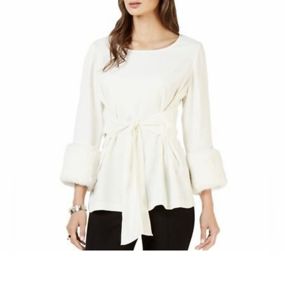 ALFANI; Women's Cloud Faux-fur Cuff Front Tie Crepe Blouse Shirt Top, Sz…